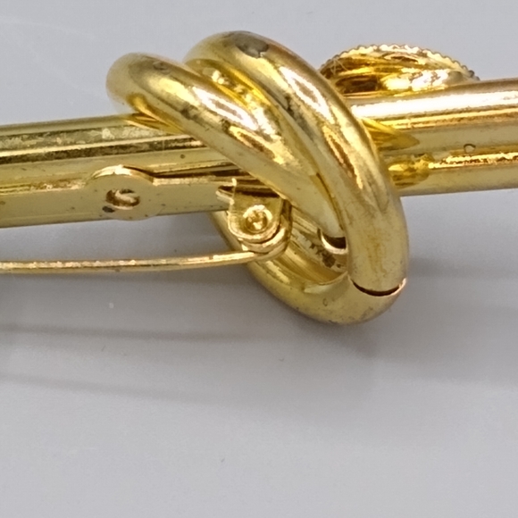 Gold Knot Bar Brooch Rhinestone Double Barrel Vtg - Picture 7 of 15